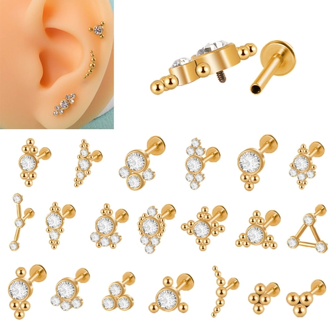 Internally Threaded Labret Stud Gold Plated Stainless Steel Zircon Cartilage Earring Flat Back Tragus Helix Piercing Jewelry