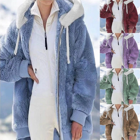 Women's Loose Plush Zipper Top Contrast Hooded Long Sleeve Patchwork Fleece Jacket Oversized Warm Winter Outerwear Top