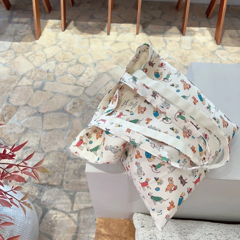 Canvas Tote Bag For Women With Cute Cartoon Dog Print And Red Polka Dot Pattern Large Capacity Cotton Shoulder Handbag