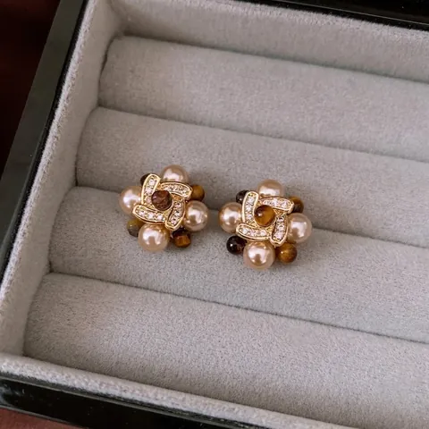 Pendientes De Flor Vintage Con Perla Artificial Ojo De Tigre Circón Cobre Poste De Plata Esterlina 925 Lujo Elegante