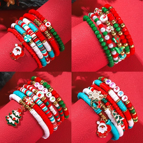 Christmas Beaded Bracelets Polymer Clay Alloy Acrylic Pendants Festive Holiday Jewelry Fashion Accessories Women