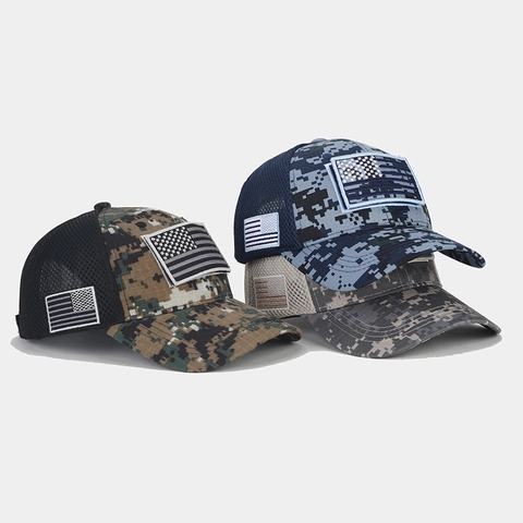 Tactical Baseball Cap Cotton Mesh Breathable Camouflage Outdoor Sports USA Flag Patch Adjustable Trucker Hat Men Women