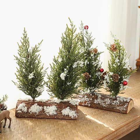 Mini Albero Di Natale Decorazione Tavola Innevato Doppio Albero Base Legno Con Pigne Bacche Decorazione Casa