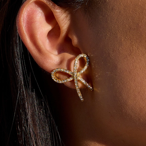 Bowknot Stud Earrings Stainless Steel 18K Gold Plated Sparkling Rhinestone Elegant Jewelry For Women Fashion Accessory