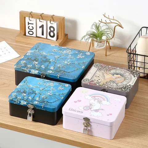 Vintage Tinplate Storage Box With Lock And Key Retro Artistic Pattern Metal Desktop Organizer For Jewelry Cosmetics