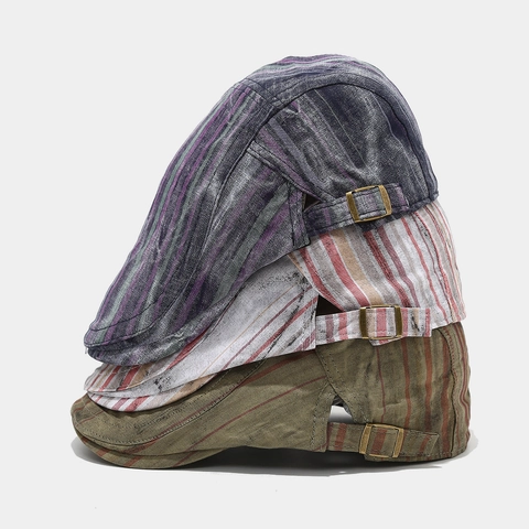 Vintage Striped Ivy Cap For Men And Women Distressed Cotton Flat Hat Breathable British Style Newsboy Cap Adjustable