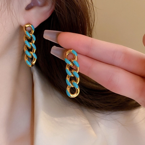 Vintage Cuban Chain Earrings With Turquoise Enamel Inlay Stainless Steel Jewelry With Silver Earring Post For Women