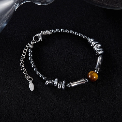 Vintage Stainless Steel Bracelet With Natural Volcanic Stone And Tiger Eye Beads Hip Hop Style Jewelry For Men Women