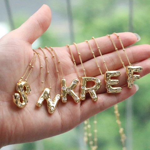 Collier Pendentif Initiale Bulle Cuivre Plaqué Or 18K Zircon Lettre Alphabet Puffy Chaîne À Billes Bijoux Hip Hop