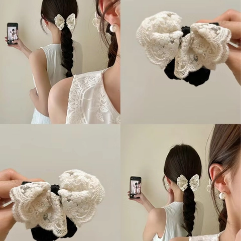 Elegant Embroidered Lace Scrunchies With Bowknot Double Layer Vintage French Style Sweet Hair Ties For Women Girls