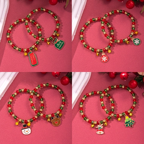 Christmas Beaded Bracelets Red Green Gold Crystal Alloy Santa Snowman Elk Charm Elastic Festive Party Jewelry Gift