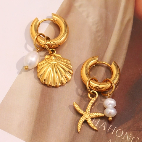 Créoles Asymétriques Océan Étoile De Mer Coquillage Acier Inoxydable Plqué Or 18K Künstliche Perle Style Vacances Plage Pour Femmes