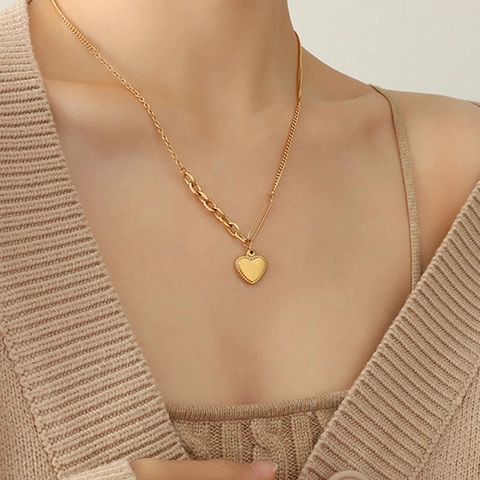 Collana Con Ciondolo A Cuore In Acciaio Inossidabile Placcato Oro 18K Catena A Maglie Asimmetriche Gioielli Per Donna