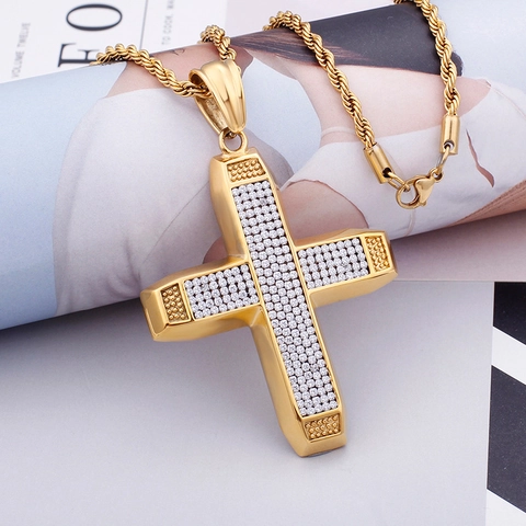 Collana Pendente Croce Placcata Oro 18K Acciaio Inossidabile Zircone Hip Hop Gioielli Religiosi Per Uomo