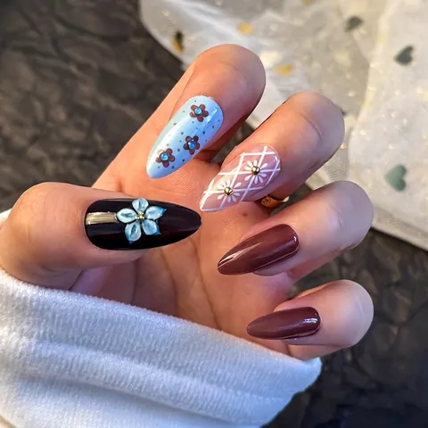 Press On Nails Lange Mandel Künstliche Fingernägel Mit 3D Blume Und Karo Design Full Cover Maniküre Für Frauen