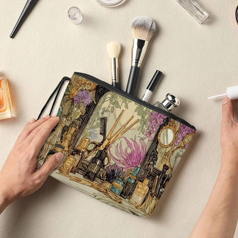 Borsa Cosmetica Floreale Vintage Lino Cerniera Organizer Da Viaggio Pochette Portatile Con Cinturino Polso Per Donna
