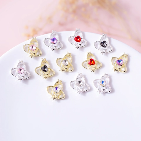 Luxus Herz Saturn Planet Nagelkunst Charms Legierung Zirkon Hohlring Funkelnde Strass Bunte Maniküre DIY Dekorationen