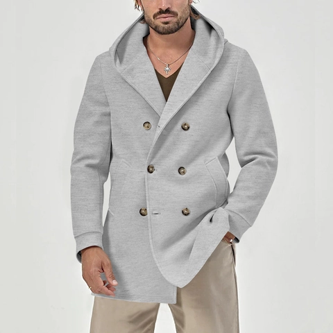 Men Hooded Trench Coat Double Breasted Mid Length Polyester Spandex Blend Casual British Style Solid Color Jacket