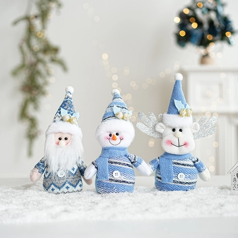 Weihnachts Plüschpuppe Ornamente Blau Gestrickter Weihnachtsmann Schneemann Rentier Tischdekoration Für Feiertage Heimparty Winterstil