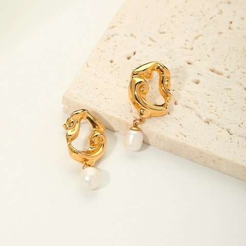 Orecchini Pendenti Con Perle D'acqua Dolce Acciaio Inossidabile Placcato Oro 18K Lava Cava Irregolare Vintage Per Donna