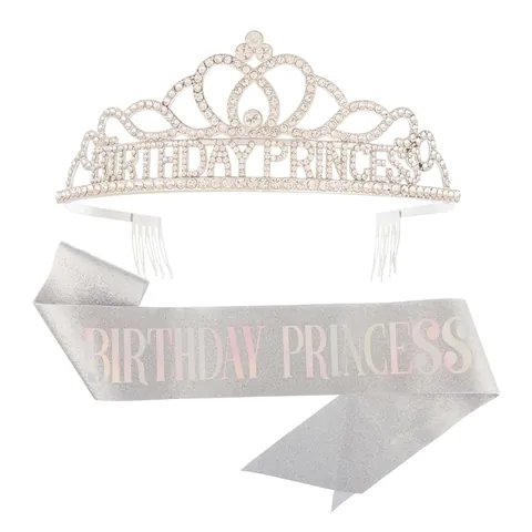 Birthday Princess Rhinestone Crown Tiara And Glitter Sash For Girls Women Birthday Party Celebration Alloy