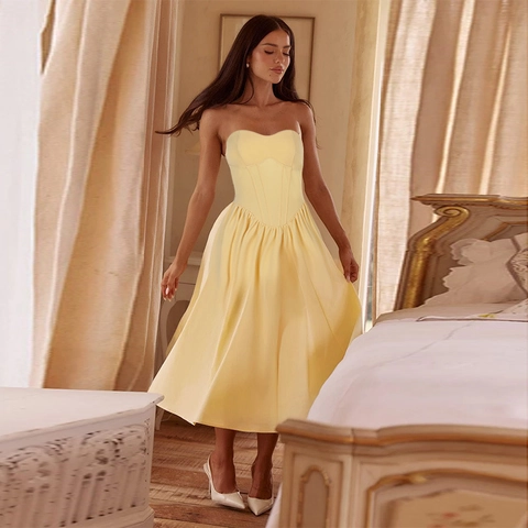 Strapless Midi Dress Polyester Spandex Satin Corset Waist Solid Yellow French Retro Elegant Summer Party Women