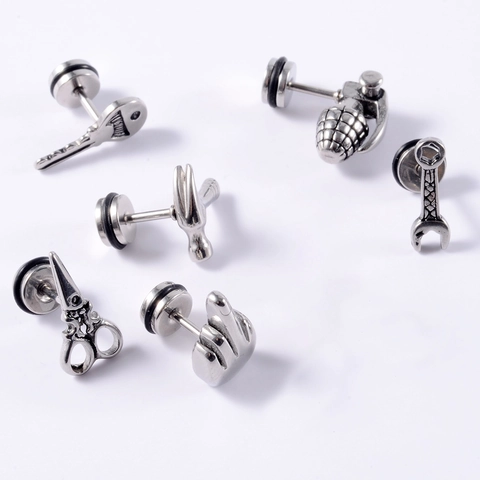 Stainless Steel Punk Rock Stud Earrings For Women Men Gothic Cross Skull Dragon Rhinestone Ear Piercing Jewelry Steel Color