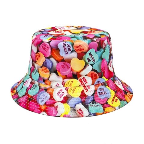 Wendbarer Fischerhut Herz Süßigkeiten Druck Sonnenschutz Valentinstag Outdoor Paar Stil Polyester Weich