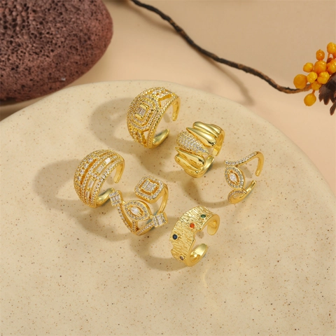 Französischer Vintage Unregelmäßiger Geometrischer Offener Verstellbarer Kupferring Für Damen Gold Vergoldet Zirkonia Eingelegt Mode Schmuck Fingerring