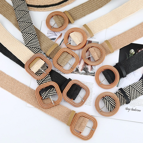 Women Woven Straw Belt Bohemian Elastic Waist Strap With Round Square Resin Wood Texture Buckle Vacation Dress Accessory