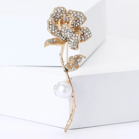 Elegante Broche de Rosa de Aleación con Strass para Mujer Con Perla Artificial de Imitación Vintage Flor Corsage para Boda Fiesta Joyería