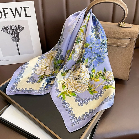Elegant French Style Genuine Mulberry Satin Square Scarf Floral Peony Print Sophisticated Women Neck Kerchief Fashionable Head Wrap