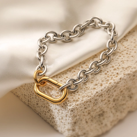 Bracelet À Maillons En Acier Inoxydable Avec Plaque Or 18K Bicolore Mousqueton Oval Fermoir À Vis Bijoux Minimalistes Femme