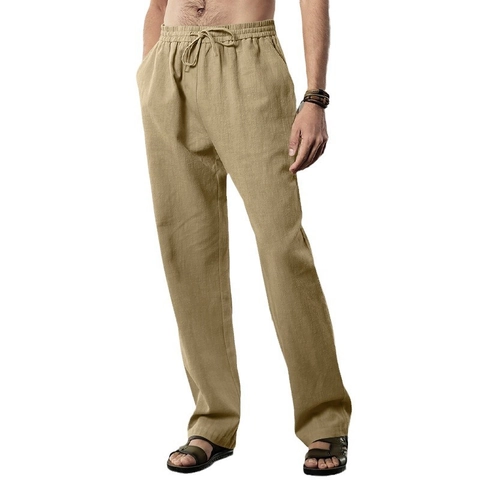 Herren Casual Leinen Weites Bein Hose Atmungsaktiv Dünn Locker Kordelzug Elastische Taille Gerade Hose Outdoor Sport Strandhose