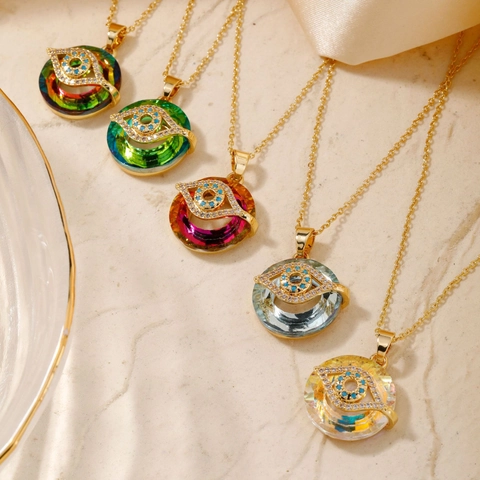 Evil Eye Anhänger Halskette Kristall Kupfer Vergoldet Edelstahlkette Amulett Schmuck Für Frauen