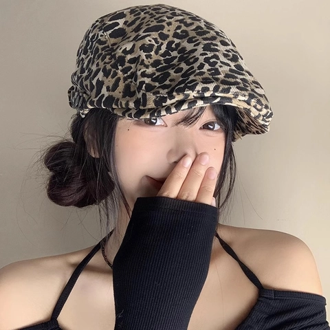 Damen Schirmmütze Leopard Kuh Muster Vintage Baskenmütze Atmungsaktiv Segeltuch Sonnenschutz Flache Kappe
