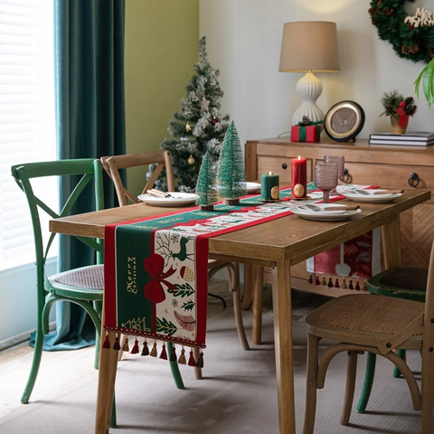 Chemin De Table Noël Polyester Jacquard Renne Nœud Merry Christmas Inscription Gland Color Block Pour Décor De Salle À Manger