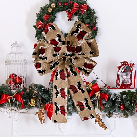 Large Christmas Bows Burlap Linen Fabric Tree Toppers Holiday Ornaments For Wreath Xmas Decor Reindeer Plaid