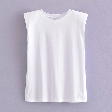 Women Cotton Sleeveless T-Shirt Round Neck Shoulder Pads Casual Street Style Muscle Tee Tank Top Solid Striped