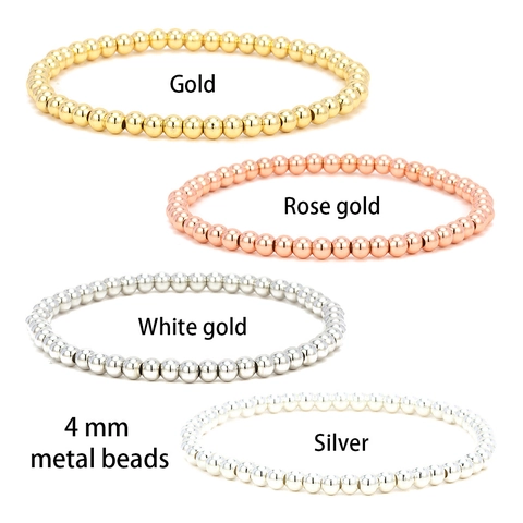 Polished Gold Plated Copper Round Bead Stretch Bracelet Minimalist Elastic Fashion Jewelry Accessories Gift For Women