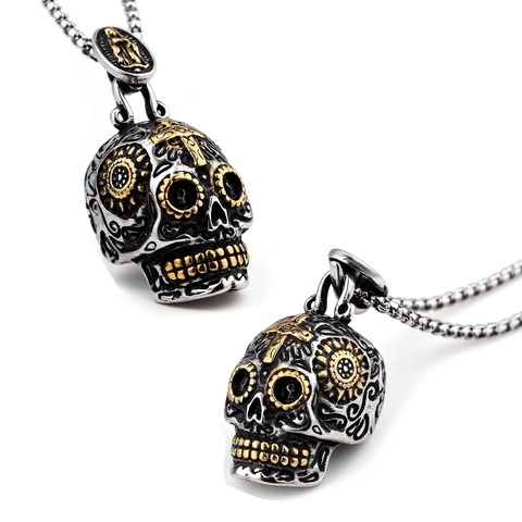 Gothic Skull Necklace Stainless Steel Sugar Skull Cross Pendant Biker Punk Retro 316L Metal Jewelry For Men