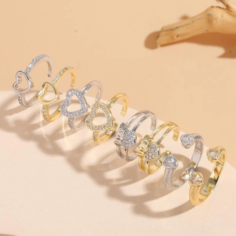 Herz Offener Verstellbarer Ring Kupfer Zirkonia Amor Brief Pavé Geometrischer Modeschmuck Für Frauen