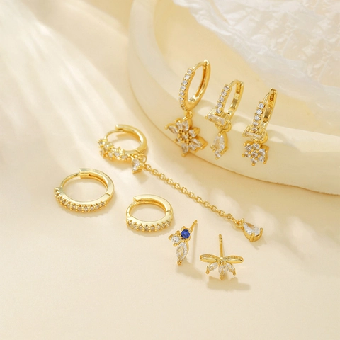 Elegant Flower Zirconia Tassel Earring Set Brass 18K Gold Plated For Women 925 Sterling Silver Post Fashion Jewelry Gift