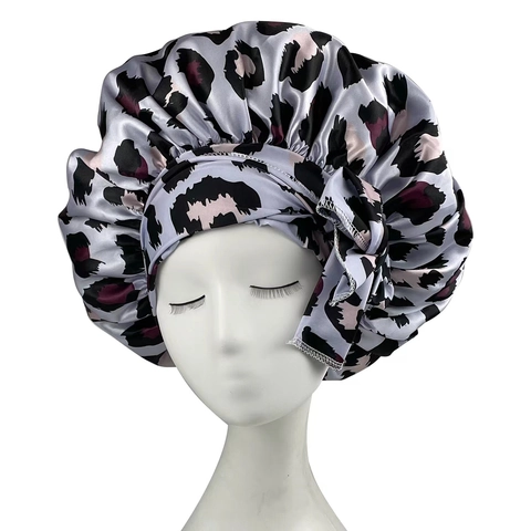 Leopard Print Satin Sleep Cap For Women Soft Polyester Wide Band Bonnet Hair Care Night Hat With Adjustable Tie Bow