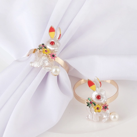 Rabbit Napkin Rings Metal Bunny Buckles With Enamel Flower Rhinestone Artificial Pearl For Easter Thanksgiving Table Decor
