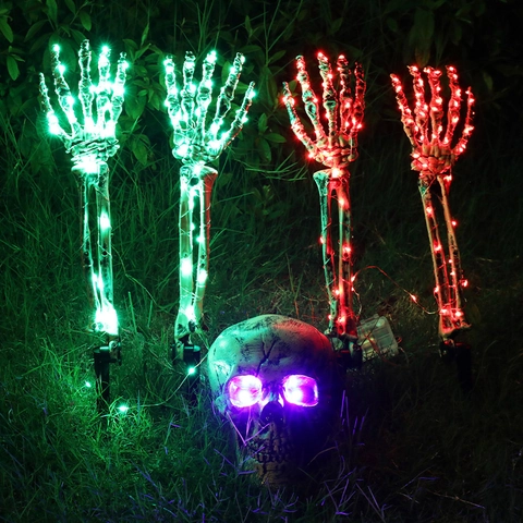 Halloween Glowing Skull Skeleton Hands Ground Stakes Decoration LED Light Up Scary Horror Outdoor Garden Party Prop Set