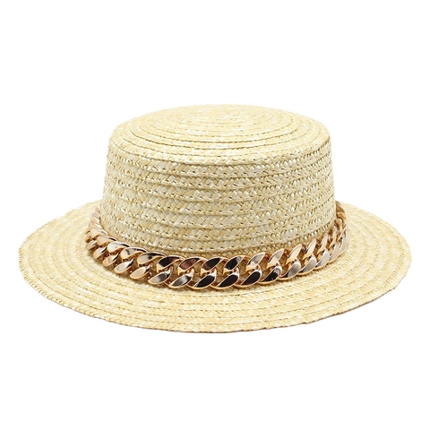 Boater Hat Natural Wheat Straw Wide Brim With Gold Metal Chain Sun Protection Summer Beach Vacation For Women Elegant
