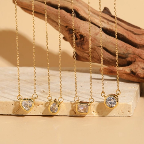 Zirkonia Anhänger Halskette 14K Vergoldetes Kupfer Geometrisch Herz Quadrat Rund Minimalistischer Schmuck Für Frauen