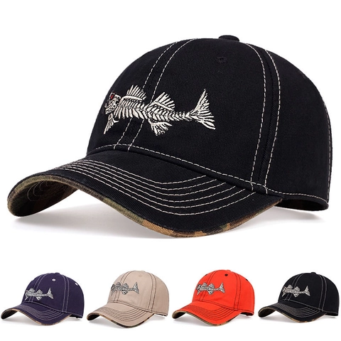 Fish Bone Embroidery Cotton Baseball Cap Camouflage Under Brim Sun Protection Adjustable Vintage Hat For Men Women