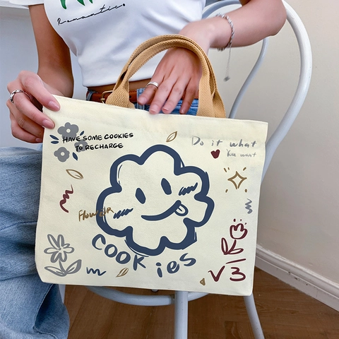 Cute Cartoon Print Canvas Handbag With Zipper Mini Tote Bag For Women Daily Commute Casual Minimalist Style Handbag